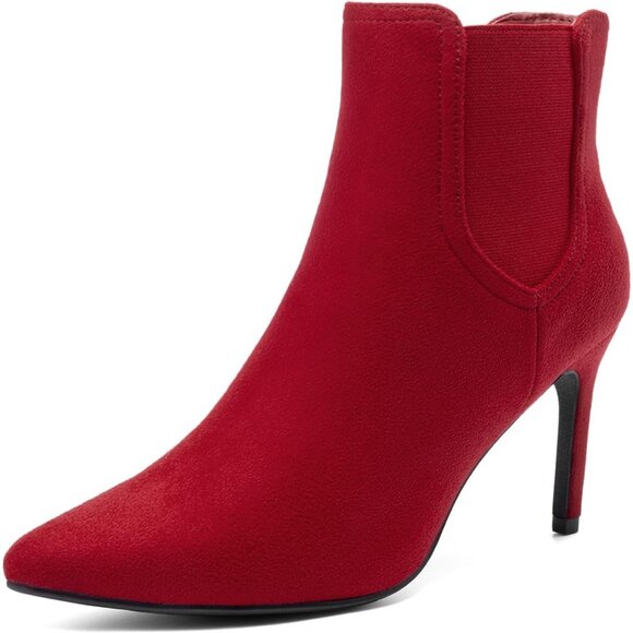 Shoes - Women's Red/Suede Pointed Toe Stiletto High Heel Ankle Booties